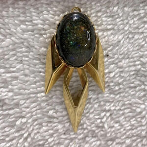 Vintage Gold Tone Necklace Pendant With Black Sunstone Costume Jewelry Pendant